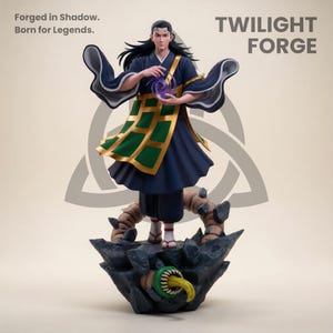 May include: A detailed figurine of a character in a dark blue and green robe, holding a glowing purple orb. The figure stands on a rocky base with a monster. Text reads "Forged in Shadow. Born for Legends." and "TWILIGHT FORGE."