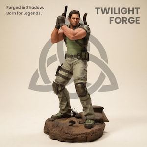 May include: A detailed figurine of a man in military-style attire, holding a gun. The figure is posed on a rocky base, with the words "TWILIGHT FORGE" and "Forged in Shadow. Born for Legends." visible. The figure is wearing a green shirt and khaki trousers.