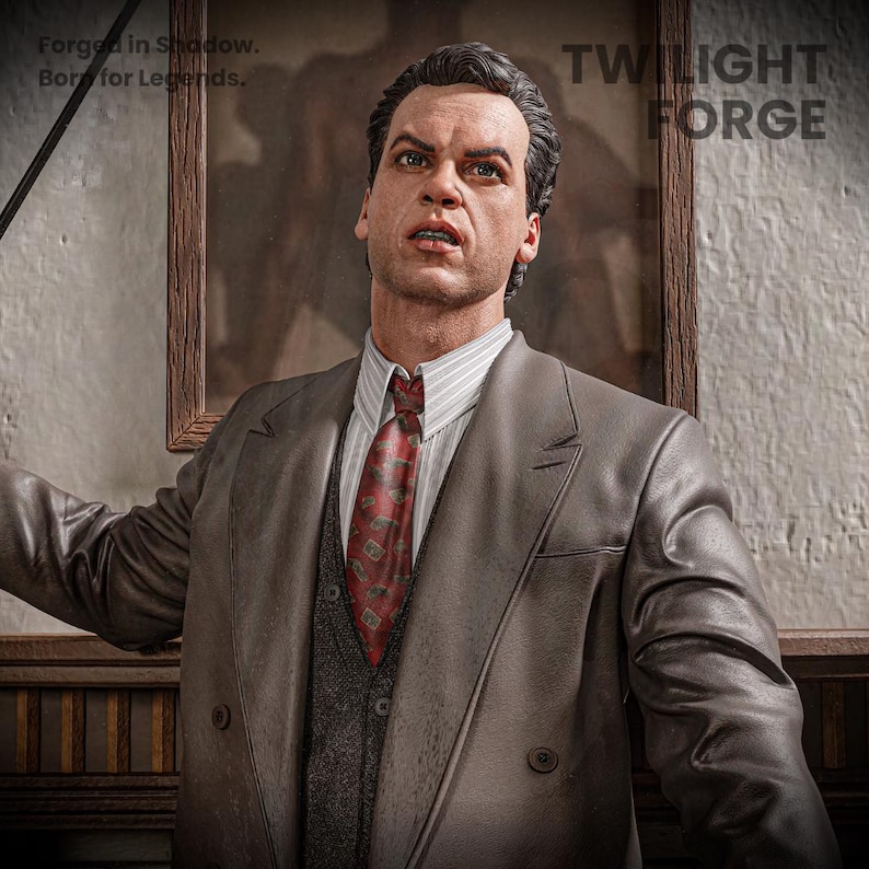 May include: A detailed statue of a man in a gray suit, white shirt, and red patterned tie. The statue has a serious expression. The text "TWILIGHT FORGE" is visible. The text "Forged in Shadow. Born for Legends." is also visible.