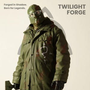 May include: A green costume featuring a mask with glasses, a long green coat with a question mark design, and black gloves. The text "TWILIGHT FORGE" is visible. The coat has red paint splatters.