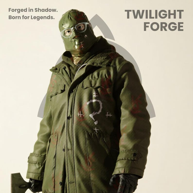 May include: A green costume featuring a mask with glasses, a long green coat with a question mark design, and black gloves. The text "TWILIGHT FORGE" is visible. The coat has red paint splatters.