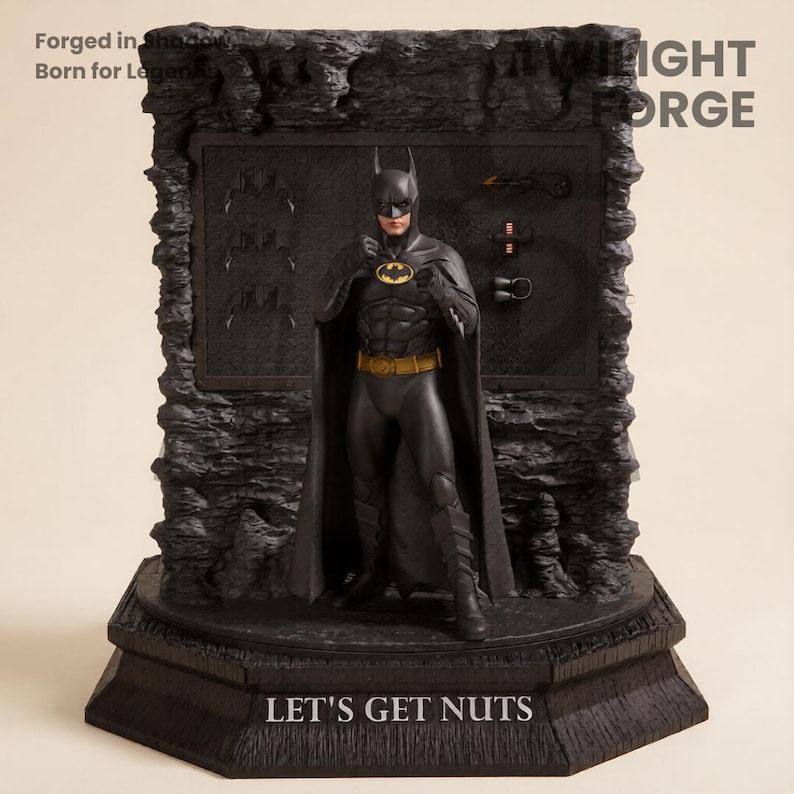 May include: A black Batman statue with a gold belt and bat symbol, standing in front of a dark gray backdrop. The statue is on a black base with the text "LET'S GET NUTS". The backdrop has batarangs and other accessories.