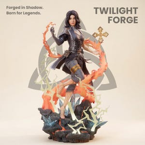 May include: A detailed figurine of a woman in a dark outfit, with fiery orange accents and a cross-shaped object. The figure is posed dynamically, with the words "TWILIGHT FORGE" and "Forged in Shadow. Born for Legends." in the background.