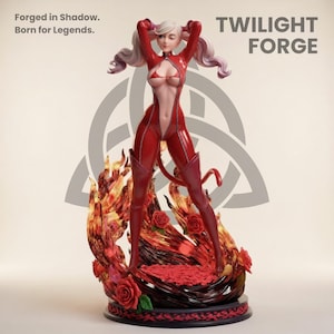 May include: A red and white figurine of a female character with long blonde hair, wearing a red bodysuit, standing on a base with roses and flames. The text "TWILIGHT FORGE" is displayed above the figure, with the phrases "Forged in Shadow. Born for Legends."