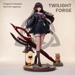 May include: A detailed figurine of a female character from "Twilight Forge" in a school uniform, holding a large red and black weapon. The base includes a lantern and a small animal figure. The text "Forged in Shadow. Born for Legends." is visible.