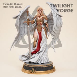 May include: A detailed figurine of a winged figure holding a sword. The figure wears a white and red dress with gold armor. The base is black and gold. Text on the image reads "Forged in Shadow. Born for Legends." and "TWILIGHT FORGE."