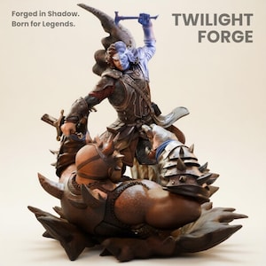 May include: A detailed figurine of a warrior in armor, wielding a sword, atop a creature with spiky protrusions. The figure has a blue and white face. The text "TWILIGHT FORGE" is displayed. The text "Forged in Shadow. Born for Legends." is also displayed.