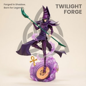 May include: A purple figurine of a character from the Twilight Forge collection. The figure is posed with a staff and stands on a swirling purple base. The text "Forged in Shadow. Born for Legends." and "TWILIGHT FORGE" are visible.