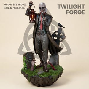 May include: A detailed figurine of a pale, grey-skinned figure in a long coat and red tie, holding a lit lantern and making a shushing gesture. The base features two tombstones, a black crow, and two hands emerging from the green grass. Text reads: Forged in Shadow. Born for Legends. TWILIGHT FORGE.