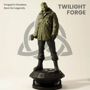 May include: A figurine of a character in a green jacket, mask, and black pants, holding a hammer. The figure stands on a black base with the text "TWILIGHT FORGE" and "Forged in Shadow. Born for Legends."