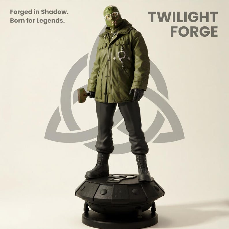 May include: A figurine of a character in a green jacket, mask, and black pants, holding a hammer. The figure stands on a black base with the text "TWILIGHT FORGE" and "Forged in Shadow. Born for Legends."