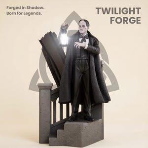 May include: A figurine of a character from the Twilight Forge collection, holding a lantern. The figure is dressed in a black coat and trousers, standing on a grey stone staircase. The background includes the text "Twilight Forge" and "Forged in Shadow. Born for Legends."