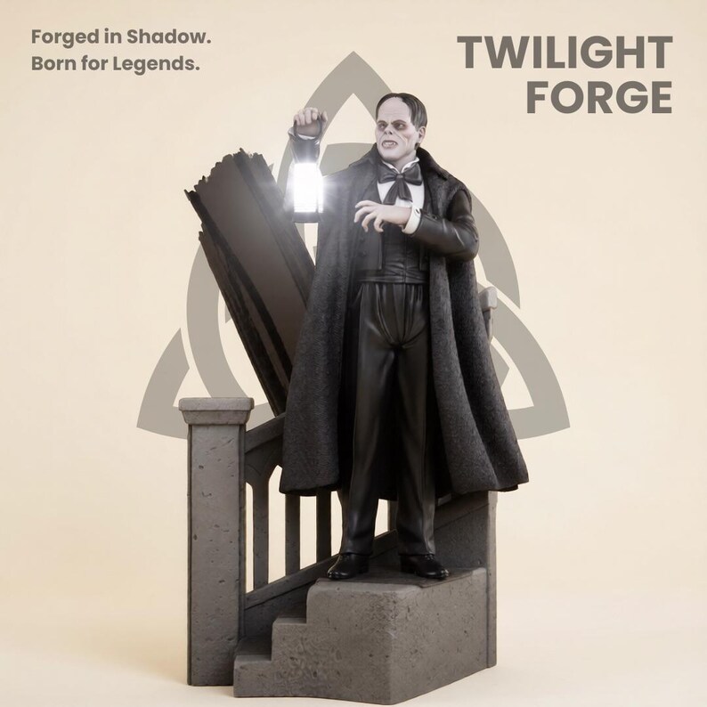 May include: A figurine of a character from the Twilight Forge collection, holding a lantern. The figure is dressed in a black coat and trousers, standing on a grey stone staircase. The background includes the text "Twilight Forge" and "Forged in Shadow. Born for Legends."