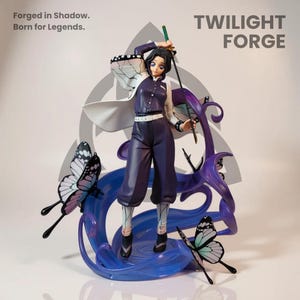 May include: A detailed figurine of a character in a purple and white outfit, holding a sword. The figure is surrounded by stylized purple water and butterfly accents. The text "TWILIGHT FORGE" is visible.