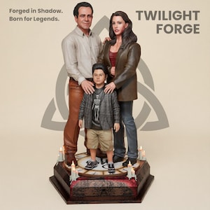 May include: A figurine of a family of three standing on a circular clock base with small candles. The adult figures wear a light shirt with brown pants and a dark jacket with blue jeans. The child wears a skeleton shirt and shorts. Text reads: Forged in Shadow. Born for Legends. TWILIGHT FORGE.
