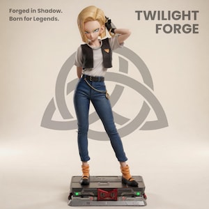 Puede incluir: Figura de Android 18 de Dragon Ball Z, con una camisa blanca, chaleco oscuro y vaqueros azules. La figura tiene el pelo rubio y está de pie sobre una plataforma. El texto "TWILIGHT FORGE" es visible.