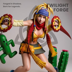 K&ouml;nnte beinhalten: Detaillierte Figur einer weiblichen Spielfigur, die ein gelb-schwarzes Outfit tr&auml;gt und zwei rot-gelbe Waffen h&auml;lt. Die Figur hat lange blonde Haare mit einem blauen Stirnband und einem roten Schal. Der Text "TWILIGHT FORGE" ist sichtbar.