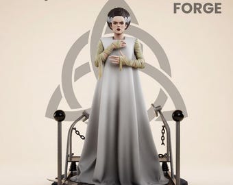 May include: A statue of a figure in a long, flowing gray dress, with a dark hairstyle and pale skin. The figure is standing on a platform with metal railings and chains. The text "TWILIGHT FORGE" is visible.