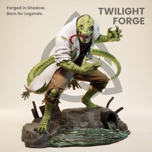 May include: A detailed statue of a lizard-like creature in a lab coat, with the text "TWILIGHT FORGE" and "Forged in Shadow. Born for Legends." The figure is green and brown, posed on a rocky base with water.