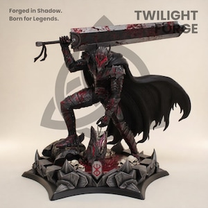 May include: A detailed figurine of a warrior in black and red armour, wielding a large sword. The figure stands on a detailed base with skulls and a stylized emblem. The text "Forged in Shadow. Born for Legends." and "TWILIGHT FORGE" are visible.