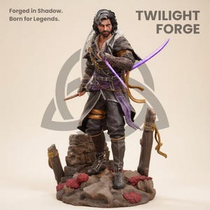 May include: A detailed figurine of a warrior in dark clothing, holding a sword and a staff. The figure stands on a rocky base with wooden posts. The text "Forged in Shadow. Born for Legends." and "TWILIGHT FORGE" are visible.
