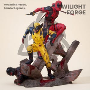 May include: A detailed statue featuring Deadpool and Wolverine in action poses, with a fallen figure at the base. Deadpool is in a red and black suit, Wolverine in yellow and blue. The base is a detailed, weathered structure with the text "TWILIGHT FORGE".