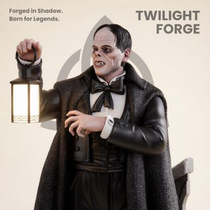 May include: A detailed figurine of a character from Twilight Forge, holding a lantern. The figure is dressed in a black suit, a cape, and a bow tie. The text "Forged in Shadow. Born for Legends." and "TWILIGHT FORGE" are visible.