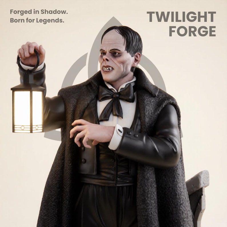 May include: A detailed figurine of a character from Twilight Forge, holding a lantern. The figure is dressed in a black suit, a cape, and a bow tie. The text "Forged in Shadow. Born for Legends." and "TWILIGHT FORGE" are visible.