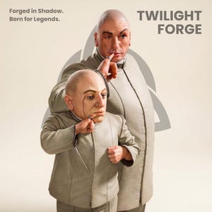 Pu&ograve; includere: Immagine di due figure in abiti grigio chiaro, una pi&ugrave; grande e una pi&ugrave; piccola, con teste rasate. La figura pi&ugrave; grande ha una mano sulla testa della figura pi&ugrave; piccola. Il testo "TWILIGHT FORGE" &egrave; visualizzato. &Egrave; presente anche il testo "Forged in Shadow. Born for Legends."