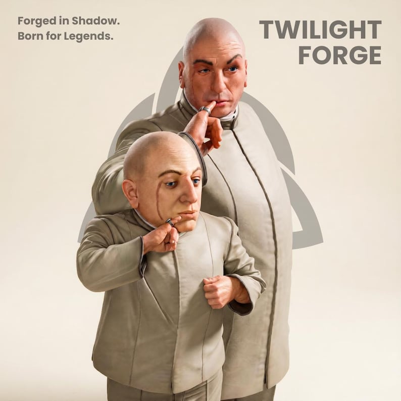 Pu&ograve; includere: Immagine di due figure in abiti grigio chiaro, una pi&ugrave; grande e una pi&ugrave; piccola, con teste rasate. La figura pi&ugrave; grande ha una mano sulla testa della figura pi&ugrave; piccola. Il testo "TWILIGHT FORGE" &egrave; visualizzato. &Egrave; presente anche il testo "Forged in Shadow. Born for Legends."