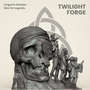May include: A grayscale sculpture of a skull wearing a headscarf and an eye patch, with a group of figures standing on a treasure chest. The text "Forged in Shadow. Born for Legends." and "TWILIGHT FORGE" are also visible.