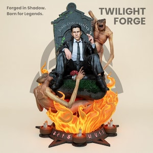 May include: A detailed John Constantine figurine sitting on a tombstone throne, surrounded by two pale, gaunt creatures and orange flames. The base features small candles and glowing red runes. Text reads: Forged in Shadow. Born for Legends. TWILIGHT FORGE.