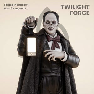 May include: A statue of a figure from the Twilight Forge collection, holding a lantern. The figure is dressed in a black coat, vest, and trousers, with a burgundy bow tie. The text "Forged in Shadow. Born for Legends." is visible.