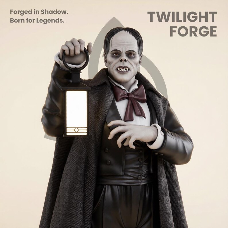 May include: A statue of a figure from the Twilight Forge collection, holding a lantern. The figure is dressed in a black coat, vest, and trousers, with a burgundy bow tie. The text "Forged in Shadow. Born for Legends." is visible.