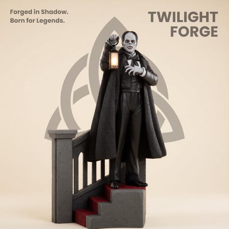 May include: A black and white figurine of a man in a long coat holding a lantern, standing on a staircase with red carpet. The text "TWILIGHT FORGE" is visible. The figurine is a collectible item.