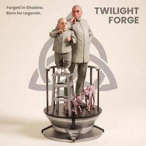 May include: A detailed statue featuring two figures and two hairless cats. The figures are dressed in gray suits, one standing on a small wooden stool. The cats are pink and wearing black collars. The words "TWILIGHT FORGE" are displayed in the upper right corner.