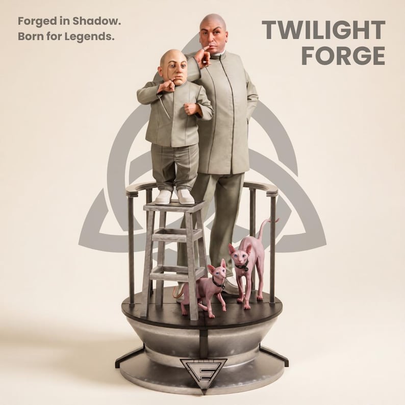 Pu&ograve; includere: Una statua dettagliata con due figure e due gatti senza peli. Le figure indossano abiti grigi, una in piedi su uno sgabello di legno. I gatti sono rosa e indossano collari neri. Le parole "TWILIGHT FORGE" sono visualizzate in alto a destra.