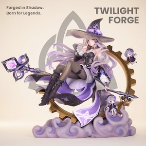 May include: A detailed figurine of a witch with long, flowing purple hair, wearing a black and purple outfit and a wide-brimmed hat. The figurine is perched on a gear-shaped base with a cloud-like structure. Text on the image reads "TWILIGHT FORGE" and "Forged in Shadow. Born for Legends."