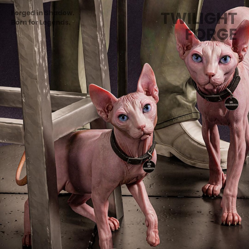 Pu&ograve; includere: Due gatti Sphynx con pelle rosa e occhi blu brillanti. Indossano collari neri con targhette identificative. Lo sfondo include una struttura metallica e il testo "TWILIGHT FORGE". Un gatto &egrave; parzialmente oscurato.