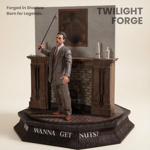 May include: A detailed figurine of a man in a gray suit holding a pointer, standing in front of a fireplace. The figurine is on a base with the text "YOU WANNA GET NUTS?". The words "TWILIGHT FORGE" are also visible.