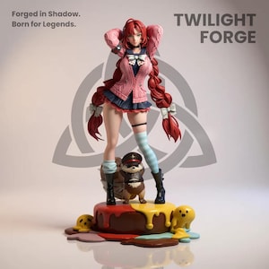 May include: A detailed figurine of a female character with long red hair, wearing a pink jacket and blue skirt, standing on a colorful base. The figurine has the text "TWILIGHT FORGE" and "Forged in Shadow. Born for Legends."