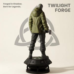 May include: A figurine of a character in a green jacket and black pants, holding a hammer. The figurine stands on a black base with the text "TWILIGHT FORGE". The background includes the text "Forged in Shadow. Born for Legends."