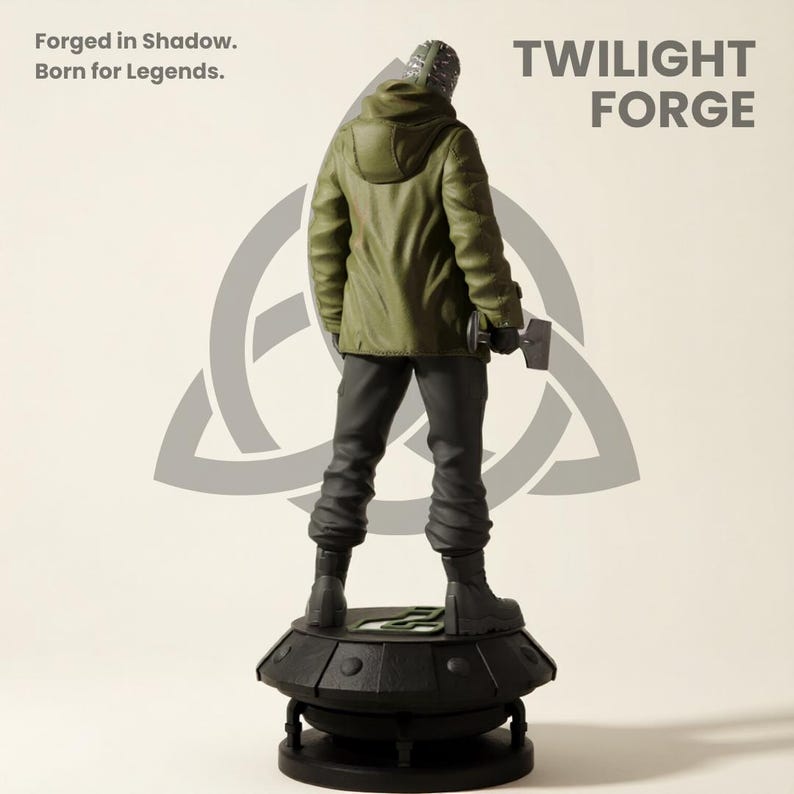May include: A figurine of a character in a green jacket and black pants, holding a hammer. The figurine stands on a black base with the text "TWILIGHT FORGE". The background includes the text "Forged in Shadow. Born for Legends."