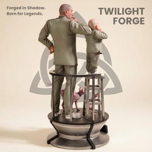 Pu&ograve; includere: Una scultura raffigurante due figure in abiti coordinati in piedi su una piattaforma con una gabbia di metallo. Un gatto nudo &egrave; sulla piattaforma. Il testo "TWILIGHT FORGE" &egrave; visualizzato. Viene visualizzato anche il testo "Forged in Shadow. Born for Legends."