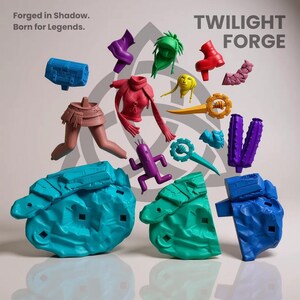 K&ouml;nnte beinhalten: Eine Sammlung farbenfroher, stilisierter Spielzeugteile, darunter ein blauer Block, ein roter Torso und lila Stiefel. Der Text "Forged in Shadow. Born for Legends." und "TWILIGHT FORGE" sind ebenfalls sichtbar. Die Teile sind vor einem hellen Hintergrund angeordnet.