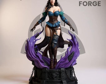 May include: A detailed statue of a woman in a fantasy outfit, standing on a decorative base with purple flames. The statue has a blue top, brown corset, and black cape. The text "TWILIGHT FORGE" and "Forged in Shadow. Born for Legends." are visible.