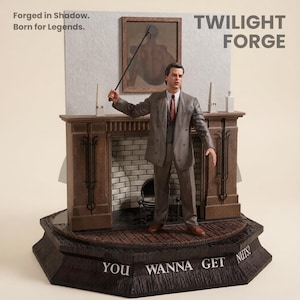 May include: A detailed figurine of a man in a suit, holding a pointer, standing in front of a fireplace. The figurine is set on a base with the text "YOU WANNA GET NUTS!". The words "TWILIGHT FORGE" are displayed above the fireplace. The phrase "Forged in Shadow. Born for Legends." is also visible.