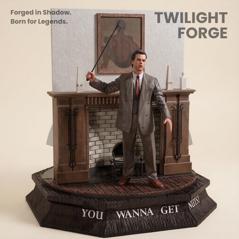 May include: A detailed figurine of a man in a suit, holding a pointer, standing in front of a fireplace. The figurine is set on a base with the text "YOU WANNA GET NUTS!". The words "TWILIGHT FORGE" are displayed above the fireplace. The phrase "Forged in Shadow. Born for Legends." is also visible.