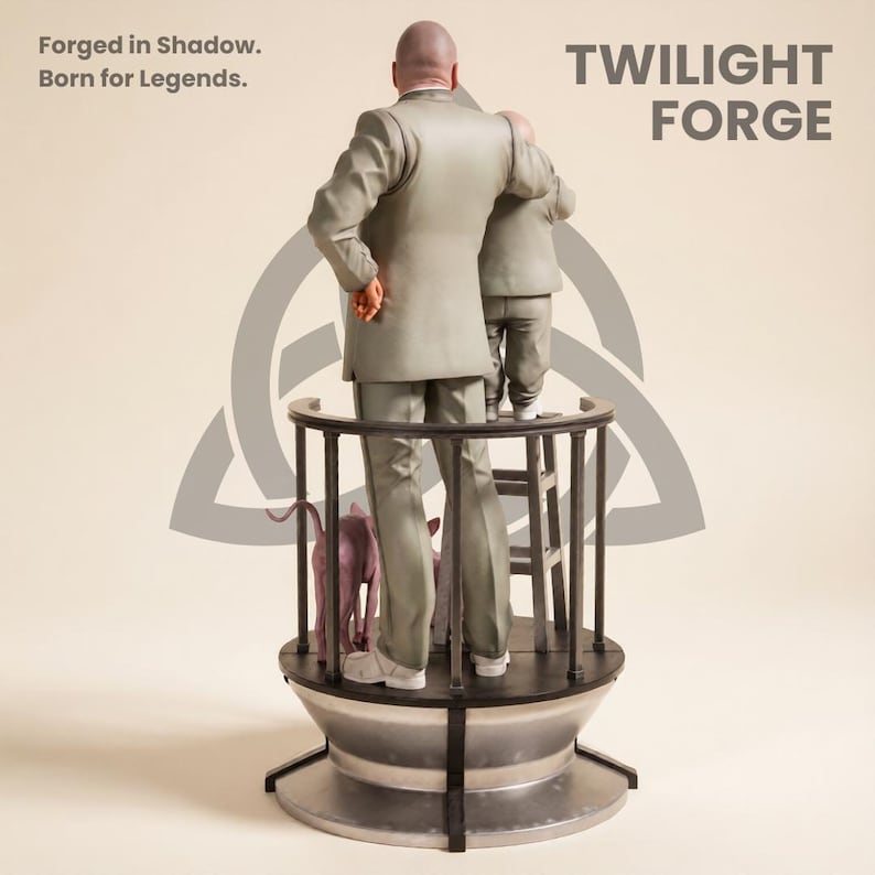 Pu&ograve; includere: Una scultura con due figure in abiti grigi in piedi su una piattaforma circolare con un cane. La piattaforma ha una ringhiera nera e una base argentata. Il testo "TWILIGHT FORGE" &egrave; visibile.