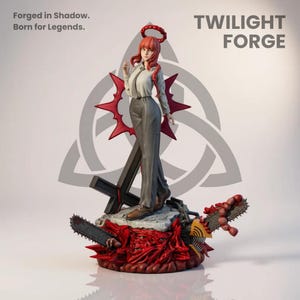 May include: A detailed figurine of a character from the anime series, Chainsaw Man. The figure is of a woman with red hair and a halo, wearing a white shirt and gray pants. The base features a chainsaw and a cross. The text "TWILIGHT FORGE" is visible.